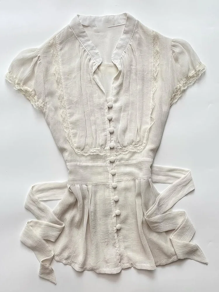 

Оригинальная женская летняя блузка в стиле ретро с кружевом, новая красивая белая блузка из смесового хлопка с коротким рукавом на пуговицах, повседневная одежда