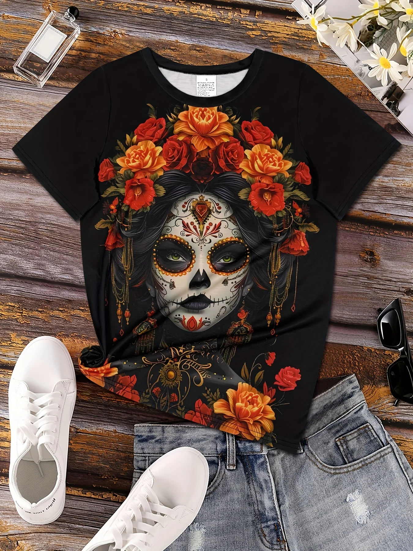 Women Day Of The Dead Sugar Skull Rose Print T‑Shirt Halloween O‑Neck Short Sleeve Tops