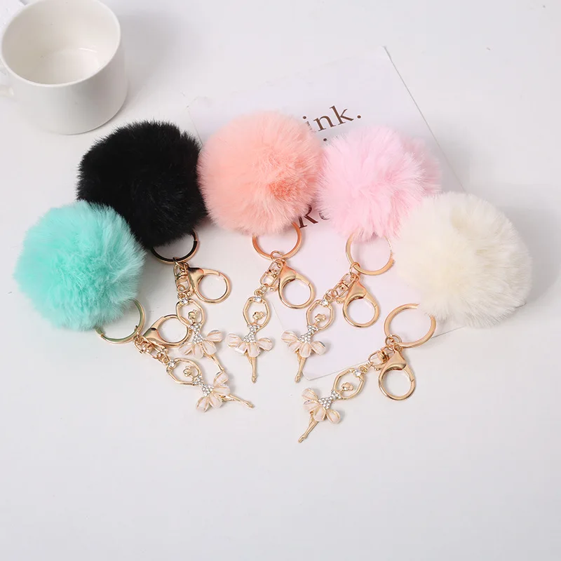 1Pcs Cute Plush Ball Key Chain Dancing Girl Plush toy Keychain With Large Pompom Charm Women Car Bag Key Holder Girl Accessories