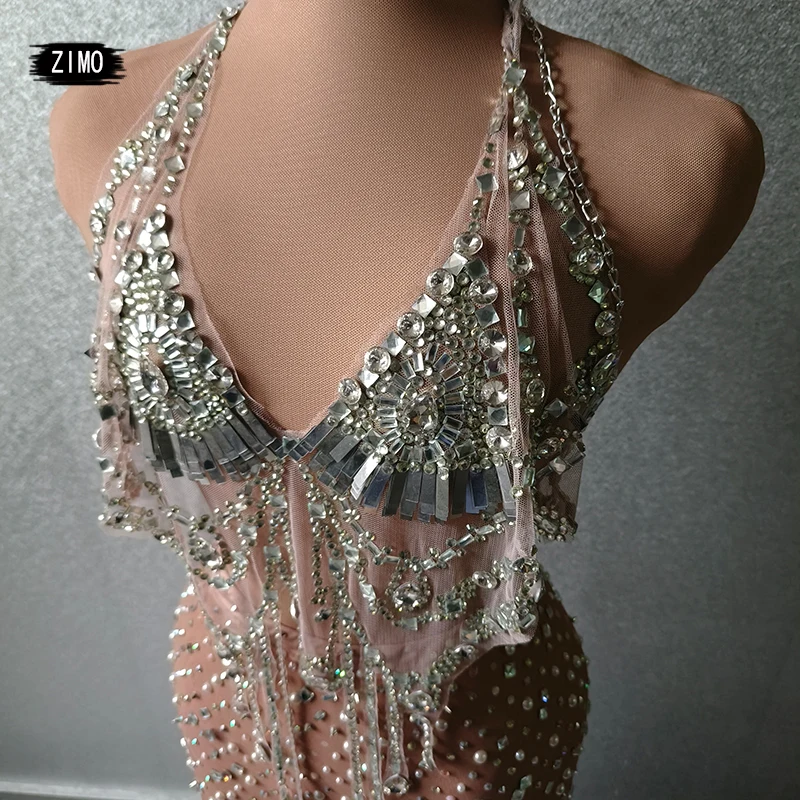 luxury 2023 mermaid fringe dress sequin pearl rhinestones Glitter sexy see through birthday party stage Celebrate two piece suit