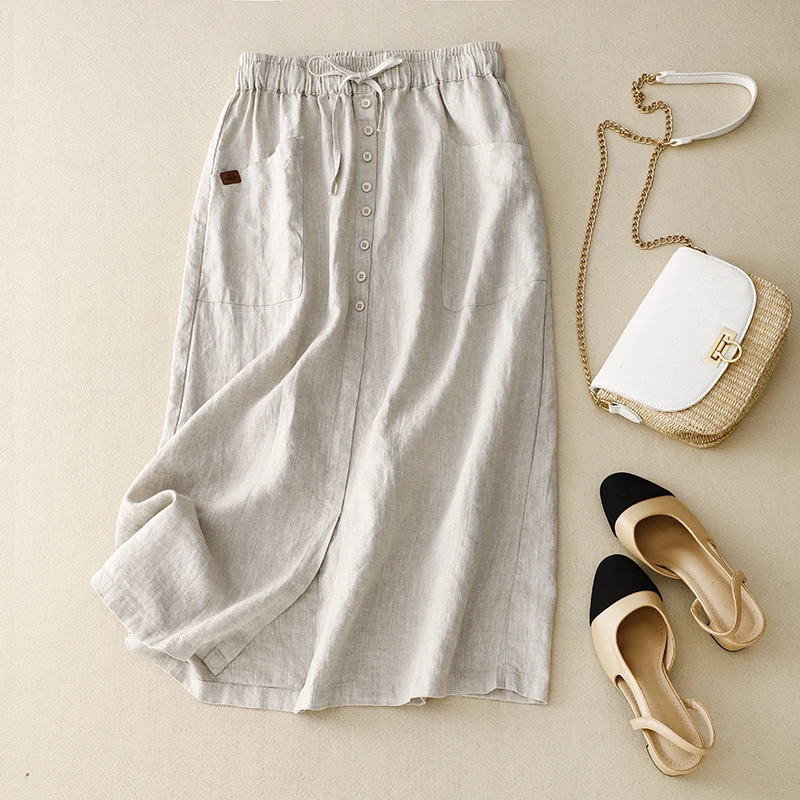 

Japanese Style Linen Cotton Loose Midi Skirt Women's Summer Artistic Feeling Single Button A-Line Skirt High Waist Design
