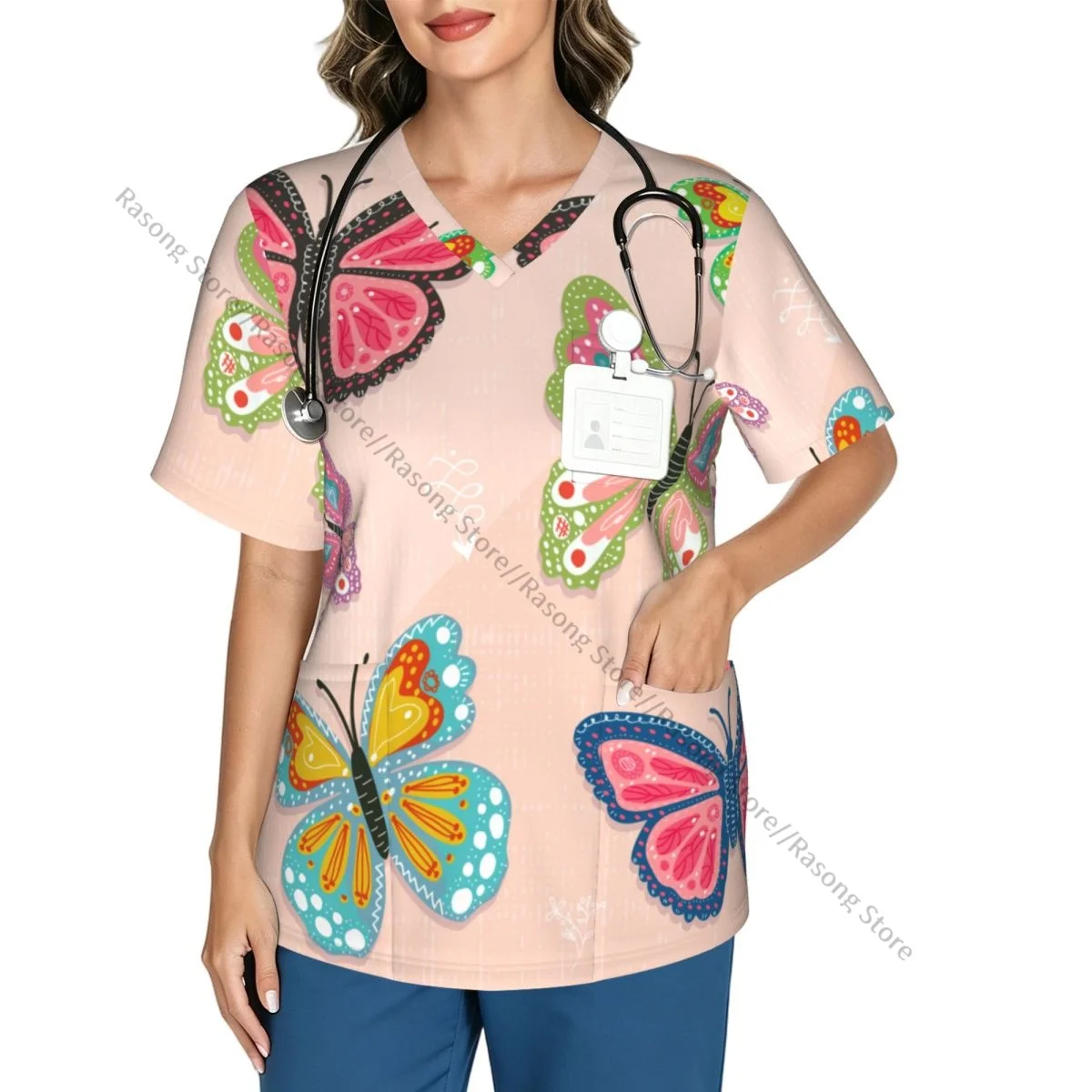 Colorful Flying Butterflies Scrubs tops medical uniforms women V Neck Stretch Scrub Shirt Dentist doctor Blouse