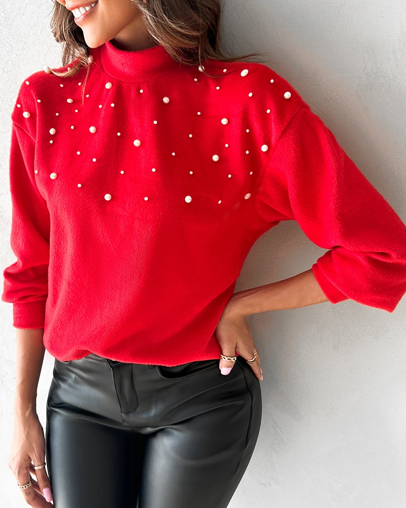 

Beaded High Neck Fluffy Knit Sweater Long Sleeve Red Winter Top