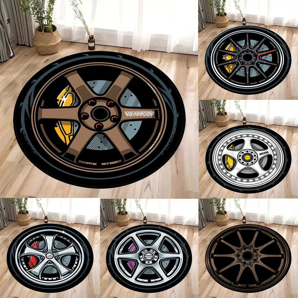 Alfombra redonda con estampado de ruedas negras para sala de estar, dormitorio, cocina, baño, alfombra circular suave, decoración de cumpleaños