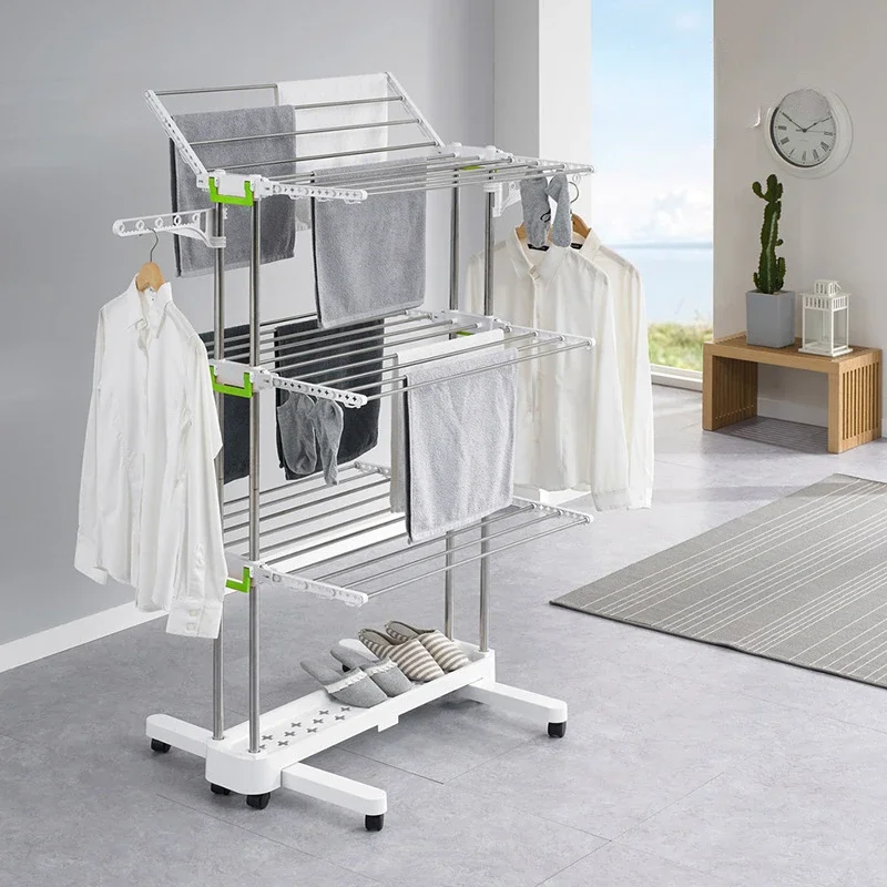 

Stainless Steel Clothes Rack–Mobile Folding Baby Hangers,Wing Storage and Drying Bracket,Multi-Function Clothesline for Balcony