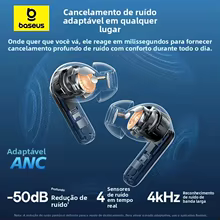 Diagrama técnico dos fones de ouvido Baseus mostrando os sensores internos e a tecnologia de cancelamento de ruído de 50dB