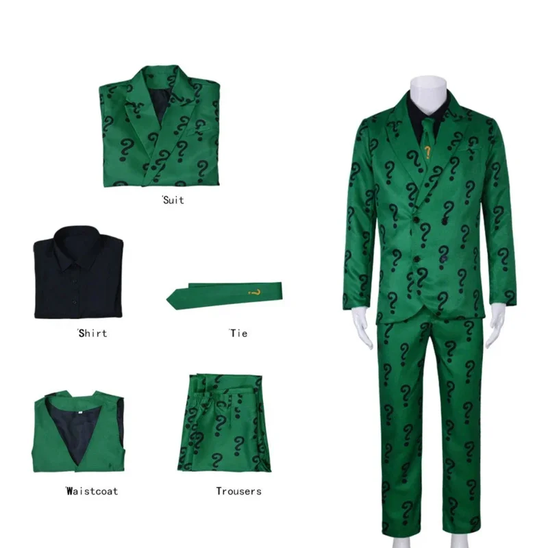 Edward Nygma Cosplay Green Adult Halloween Costume Green Question Mark Suit for Men UniformOutsuits Halloween Christmas Party