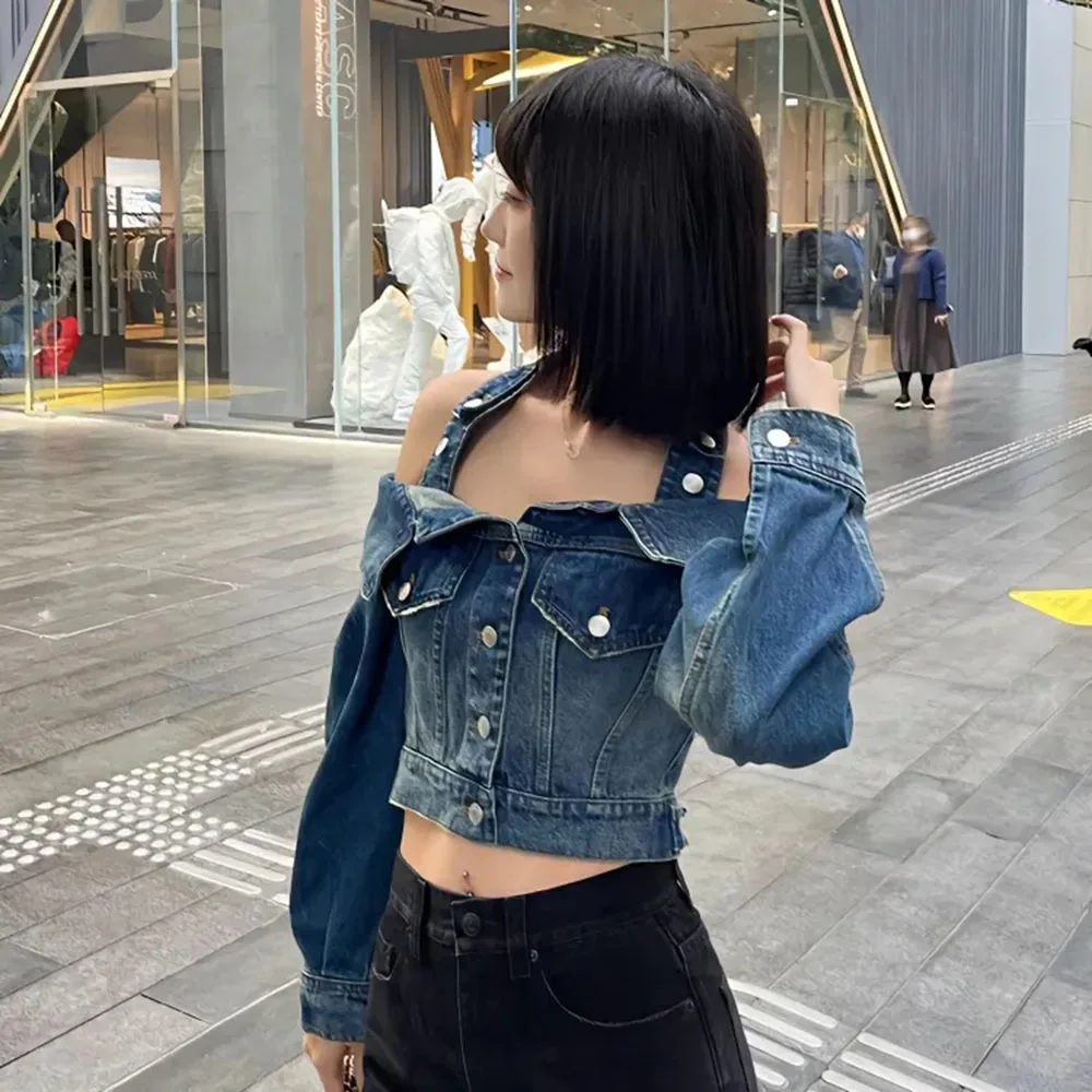 2024 Early Spring Temperament Denim Jacket Sexy Hot Girl Halter Shirts Tops Streetwear Long Sleeve Slim Jean Blouses Female Coat