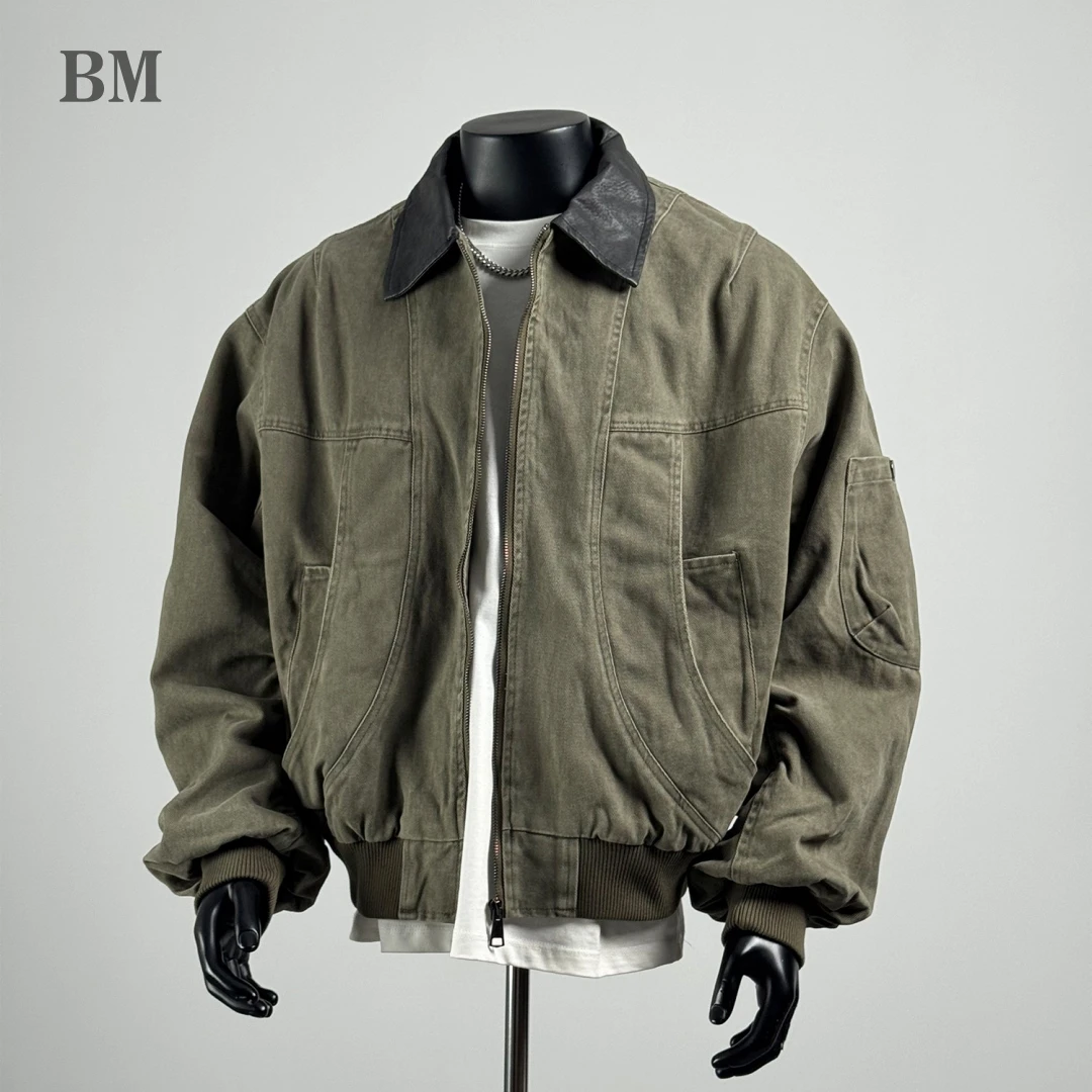 

Men's Japanese Vintage Cotton Workwear Jacket with Contrast Collar Washed Distressed Oversized Casual Streetwear Spring Coat