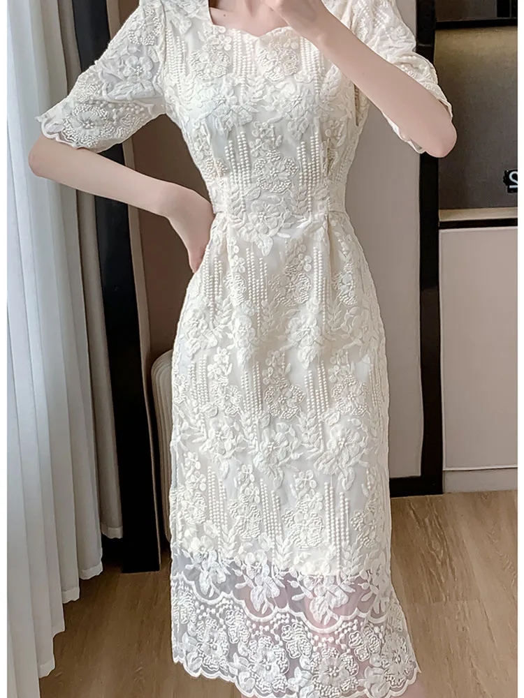 2024 Summer Elegant Flower Embroidery Dress Women Solid Color O-Neck Short Puff Sleeve Slim Waist Belt OL Party Dresses Vestidos