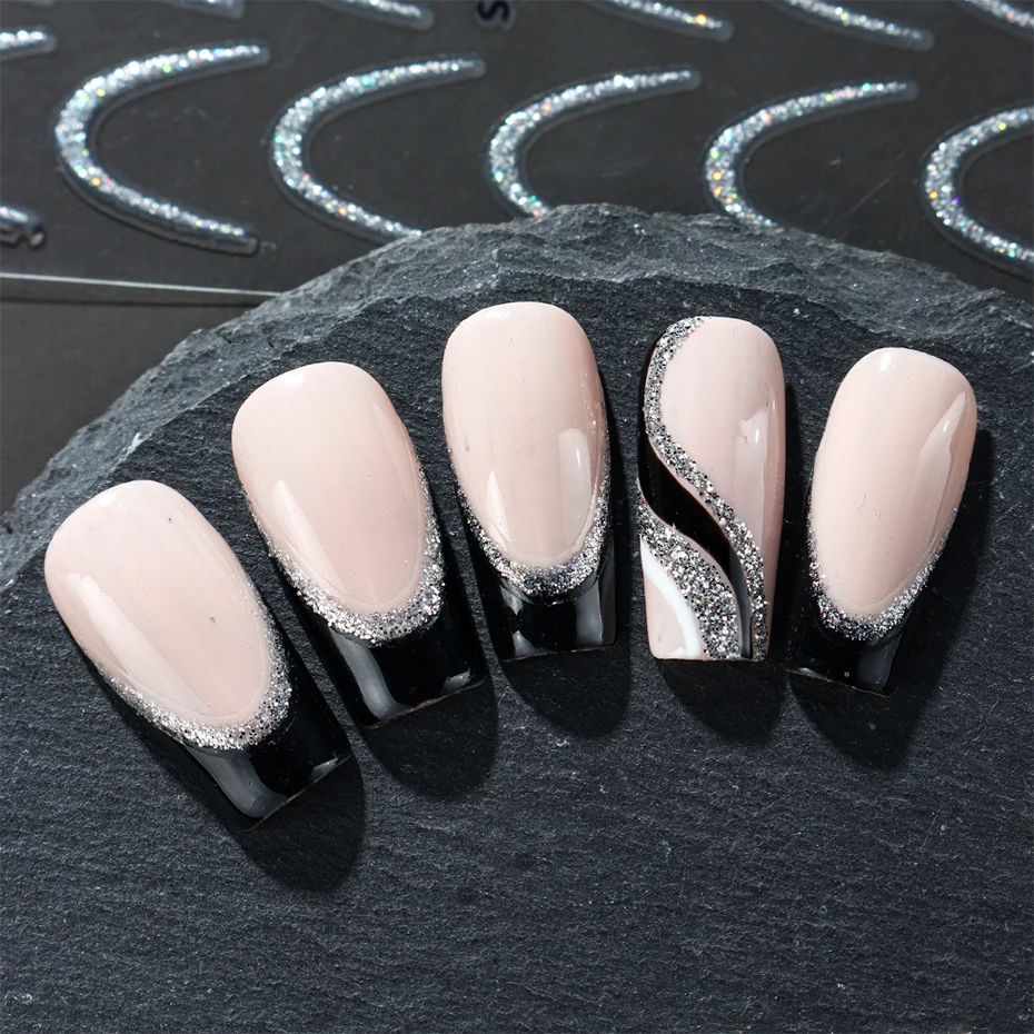 2pcs Glitter French Tips Nail Stickers 3D Silver Sparkly Wave Swirl Curve Stripe Lines Sliders Self-Adhesive Nail Supplies Decor