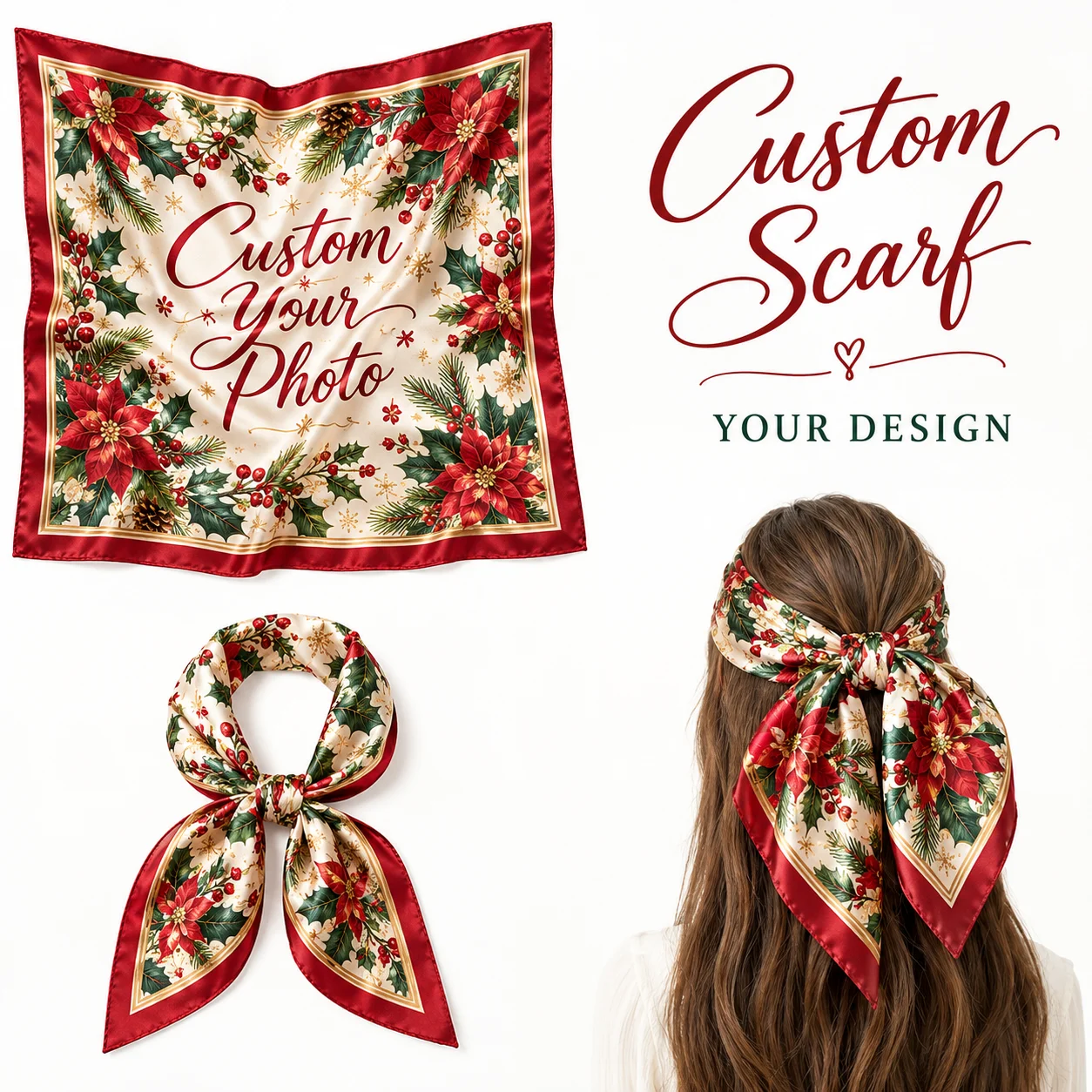 5pcs custom scarf  Christmas gift-giving, custom patterns and logos Luxurious Christmas gift ladies' silk scarf