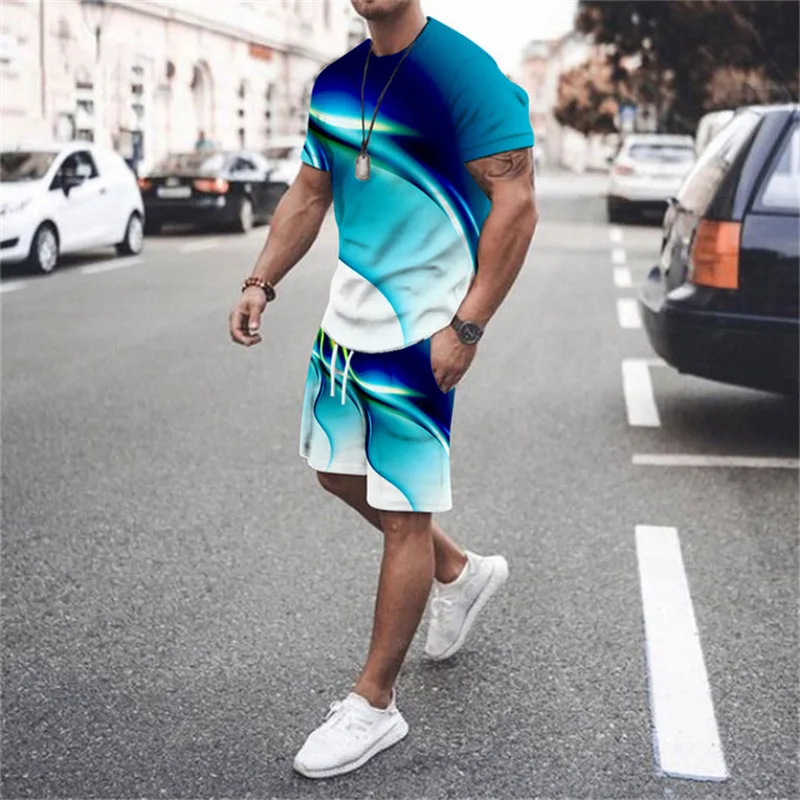 

Fashion T-shirt and Shorts Set Street Men's Clothing for Men's 3D Short Sleeved Loose Casual Casual Colorful Line Printing Style