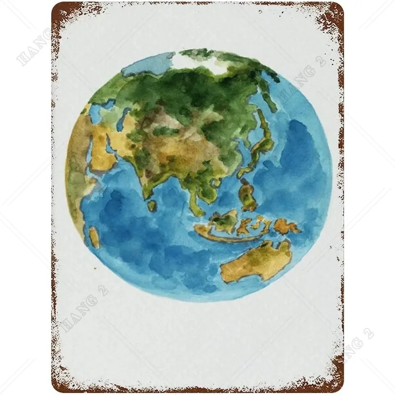 Vintage Tin Sign Planet Earth Colors Abstract Watercolor Decor Blue Green Yellow Brown Globe Art Wall Sign Geography