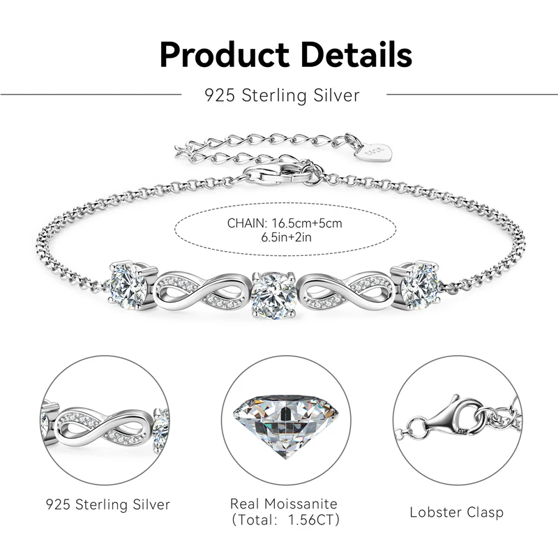 RAPRGOLD 3-Stone Moissanite Infinity Bracelet 925 Sterling Silver GRA Certified Eternal Love Wedding Bridal Gifts for Women