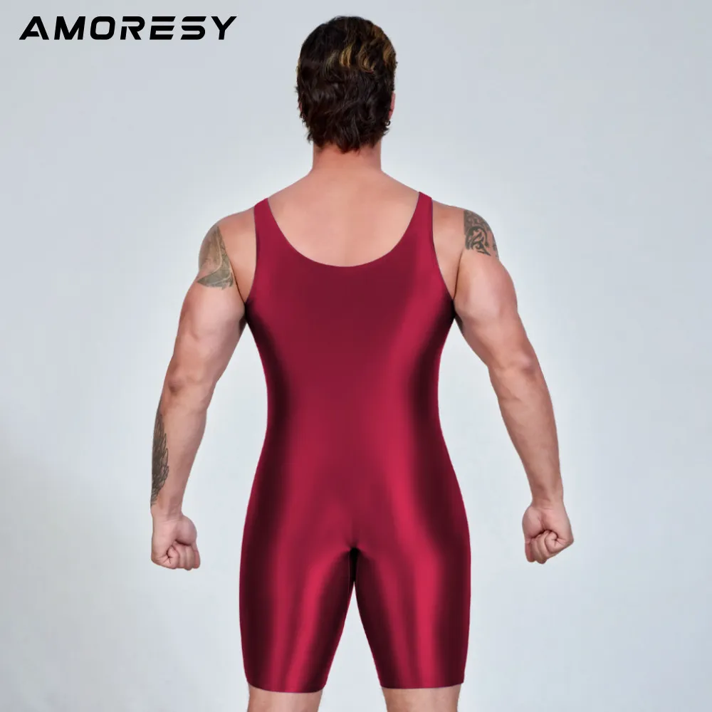 AMORESY Herren Sexy Glänzender, glatter Bodybuilder-Singlet, ärmellos, zum Laufen, Catsuits, Fitness, Yoga, Sport, Overall, Radfahren, einfarbig, eng anliegend – Detail 3
