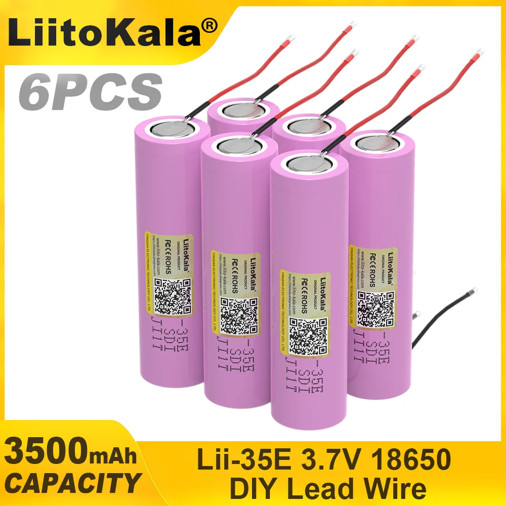Lii-35E Liitokala 1-6ชิ้นแบตเตอรี่แบบชาร์จไฟได้ Li-ion 3.7V 18650 3500มิลลิแอมป์ต่อชั่วโมงสำหรับไฟฉายเครื่องมือไฟฟ้า + สายไฟตะกั่ว DIY
