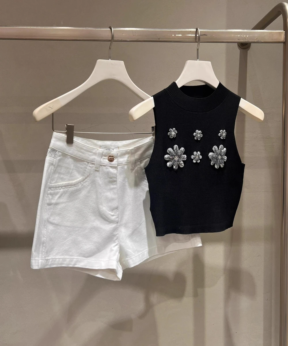 Chalecos tejidos a la moda para mujer, novedad de verano 2021, camisetas sin mangas con temperamento único, camisetas sin mangas femeninas de gama alta con lentejuelas y flores