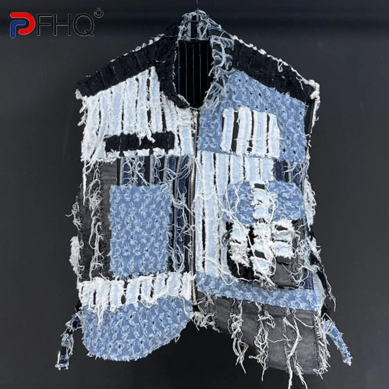 

PFHQ Summer Men's Worn Out Denim Vest High Quality Patchwork Techwear Creativity Contrast Color Motorcycle New Waistcoat 21Z1136