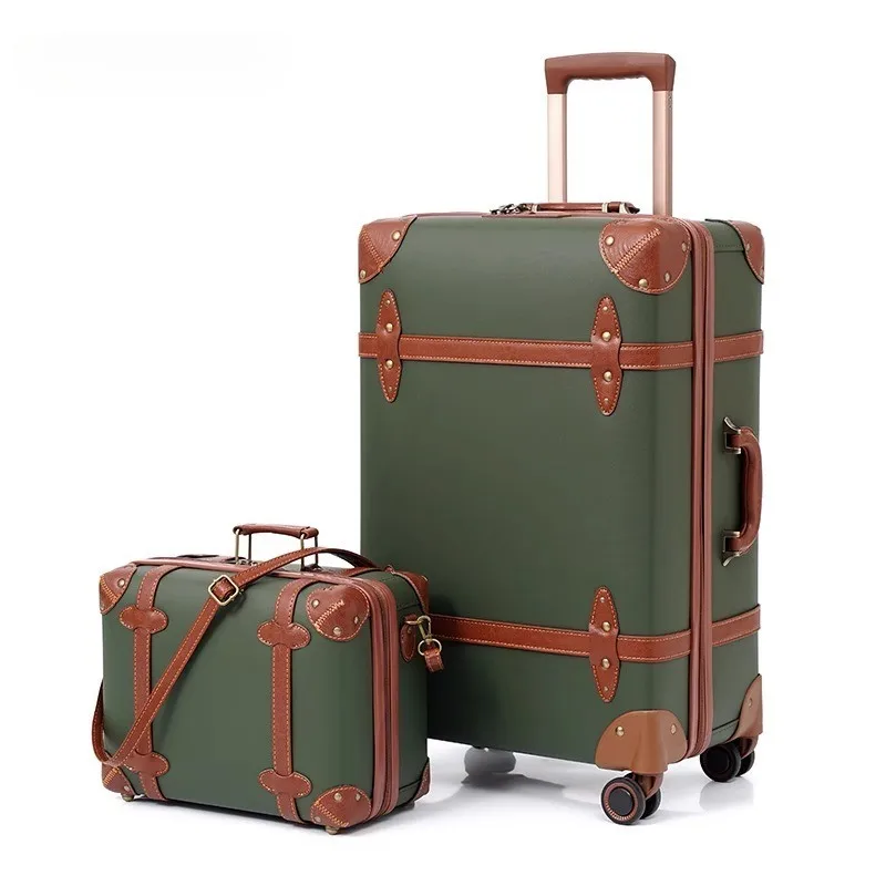 

Fashionable handmade retro leather luggage set light vocal wheel zipper closure large capacity travel case