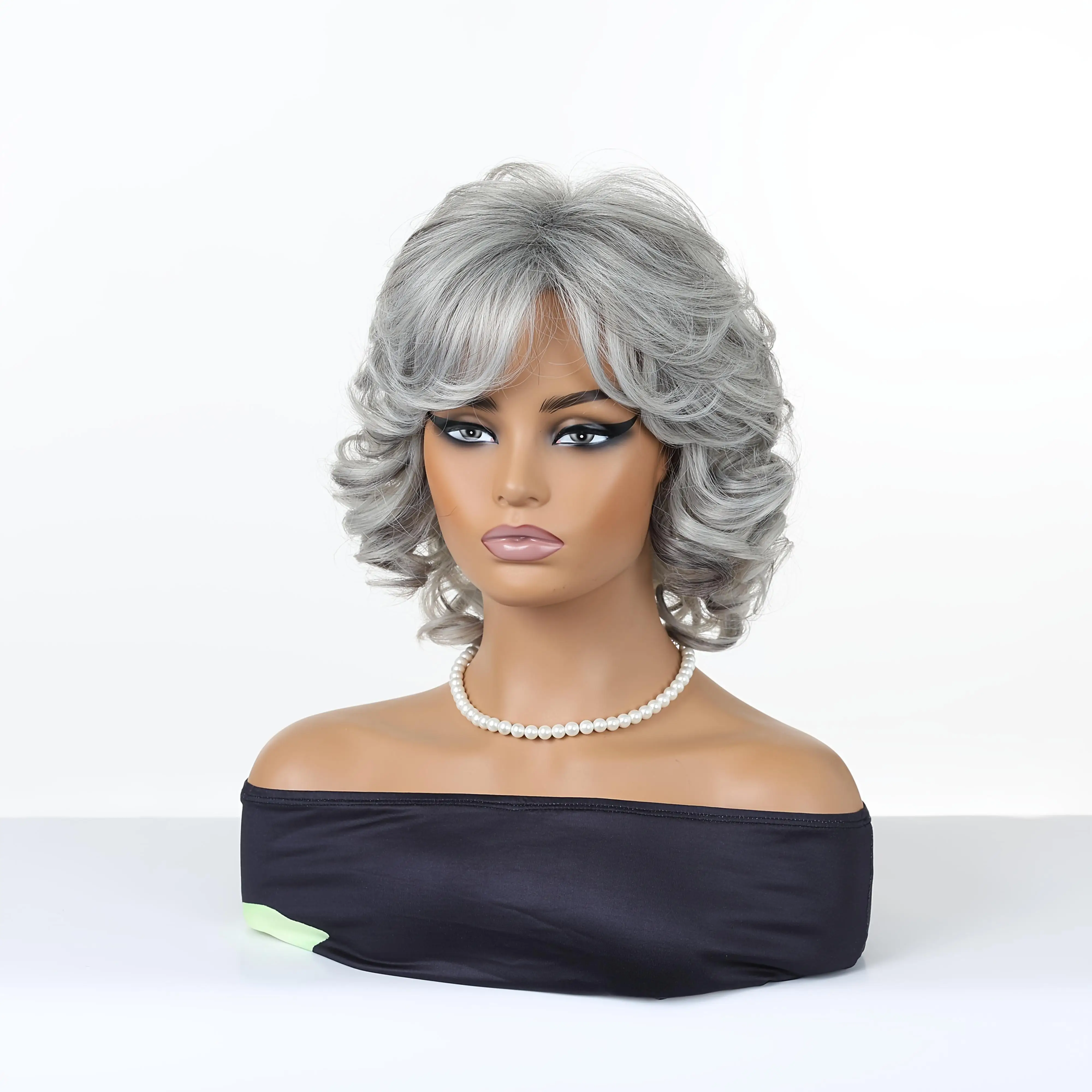 12inch Women's Elegant Gray Curly Hair with Bangs, Synthetic Fiber Wig Rose Hairnet High-Temperature Fiber