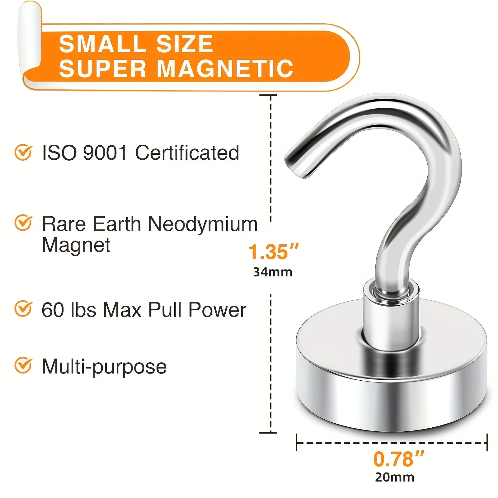 10pcs D20 Magnetic Hooks 50Lbs Heavy Duty for Cruise Cabins, Neodymium with Hooks for Hanging.
