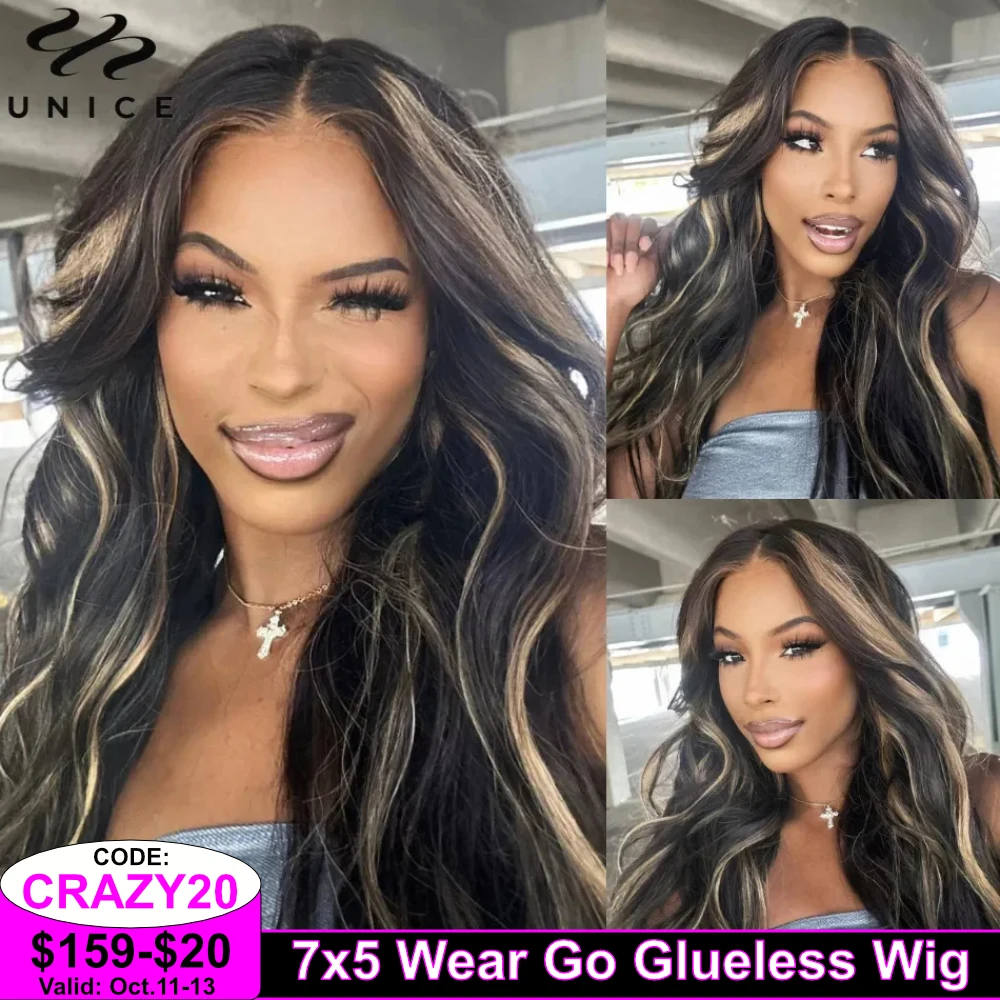 

UNice Body Wave Highlight Wig Human Hair 13x4 Lace Frontal Wig Pre Cut Pre Bleached Knots 7x5 Lace Wig Wear Go Glueless Wig