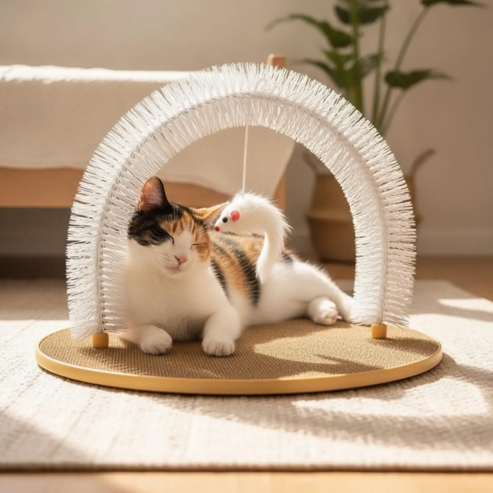 Cat Grooming Arch Scratcher with Corrugated Base and Dangling Toy for Indoor Feline Exercise