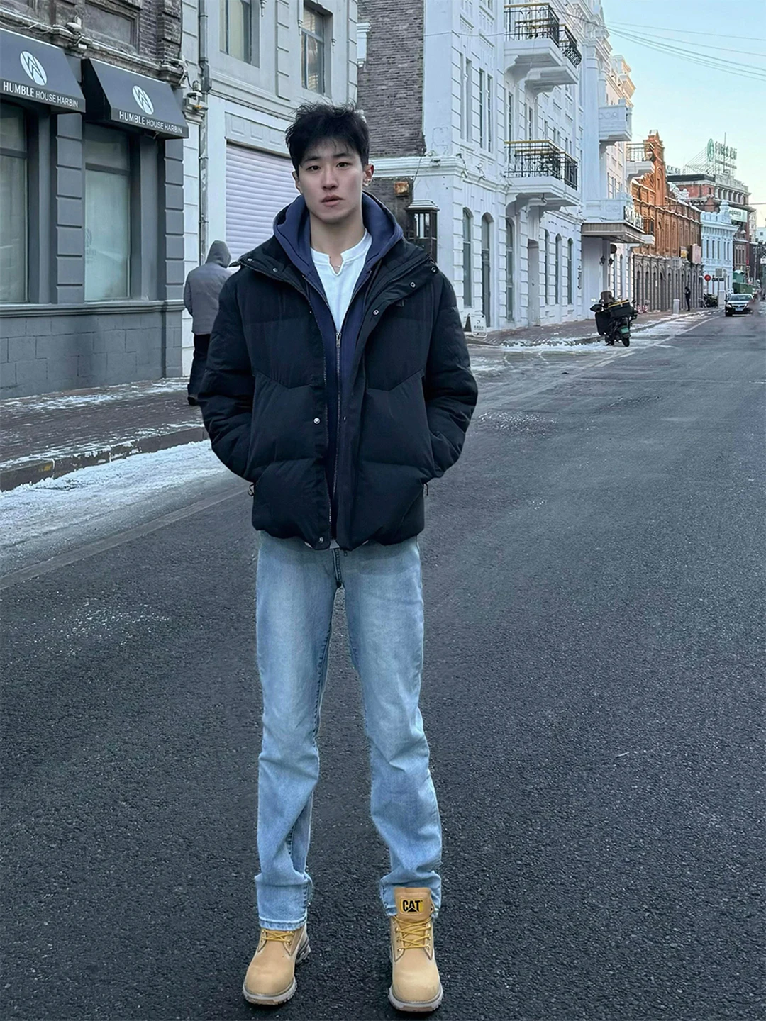 

Blue American High Street Knife Jeans Men's Winter Mid-Waist Fleece-Lined Slim Fit Straight Leg Pants Cleanfit Style