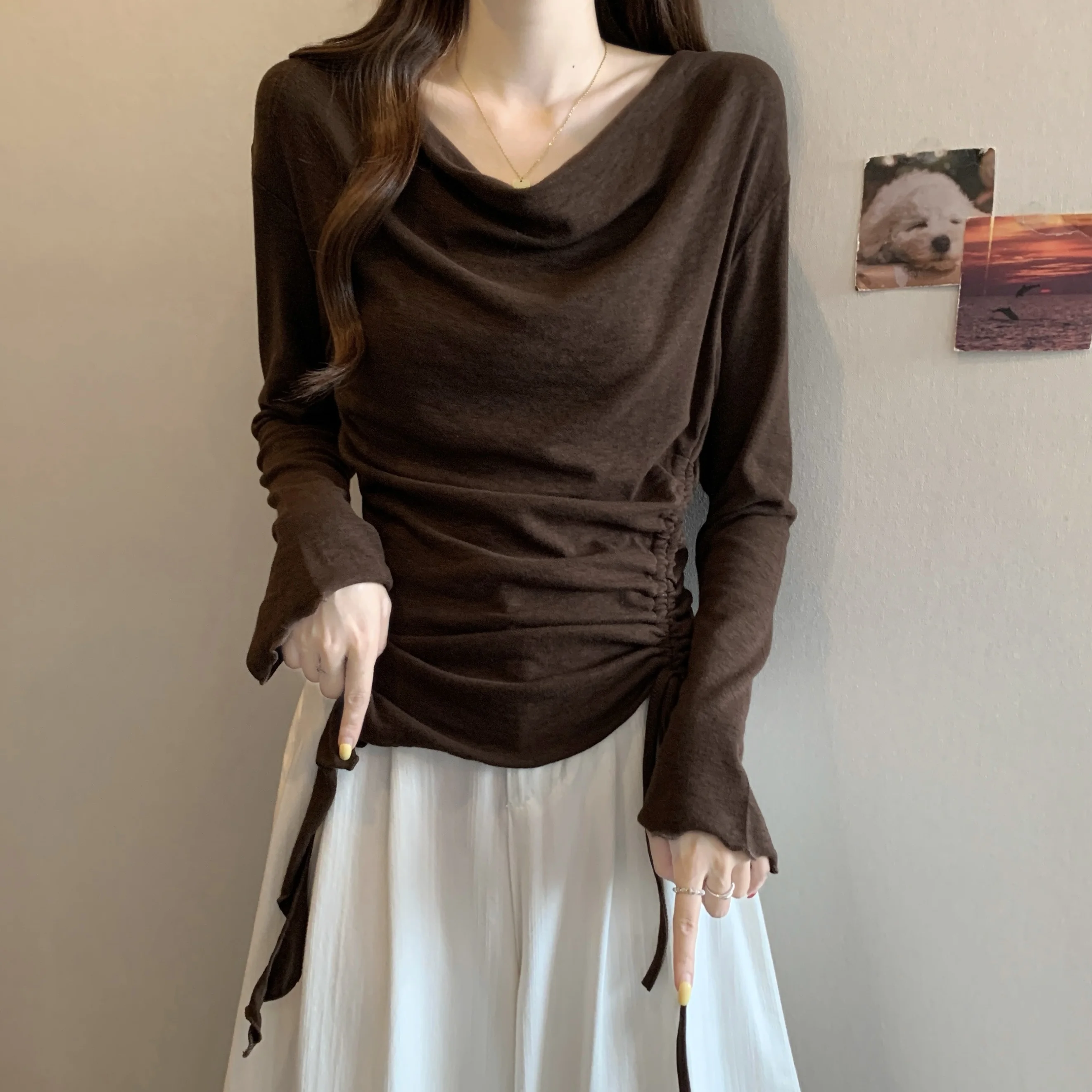 

Женская футболка с длинным рукавом и воротником-стойкой, больших размеров, для ранней осени, с асимметричным подолом, повседневная, модная, из полиэстера.