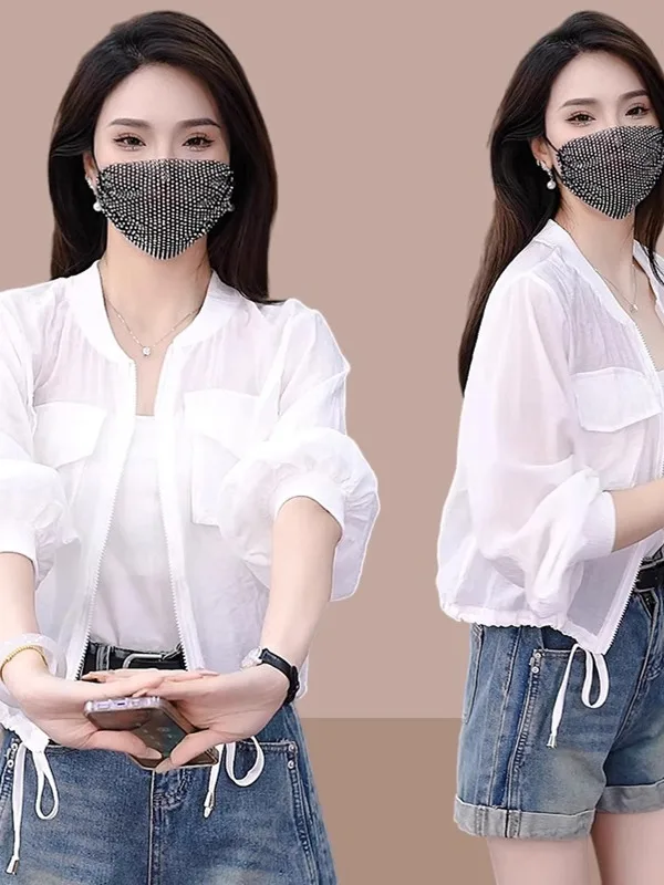 Korean Style Women's Summer Outdoor Loose Fit Sun Protection Coat White Slimming Waist Design Long Sleeve Zipper Closure