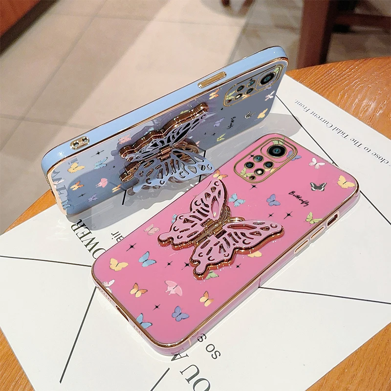 N ote 11 Little Butterfly Plating Holder Phone Case For Xiaomi Redmi Note 11S 11TPro 11EPro 10T 11Pro 11T 11SE 12R 12S 12 Cover