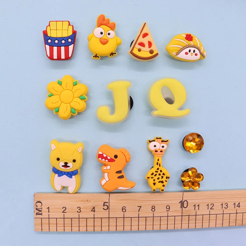 Mix 50pcs Cartoon Chicken Dog Giraffe Dinosaur Sushi Fries Flower Pizza PVC Shoe Buckle Charms Accessories Children Shoe Button