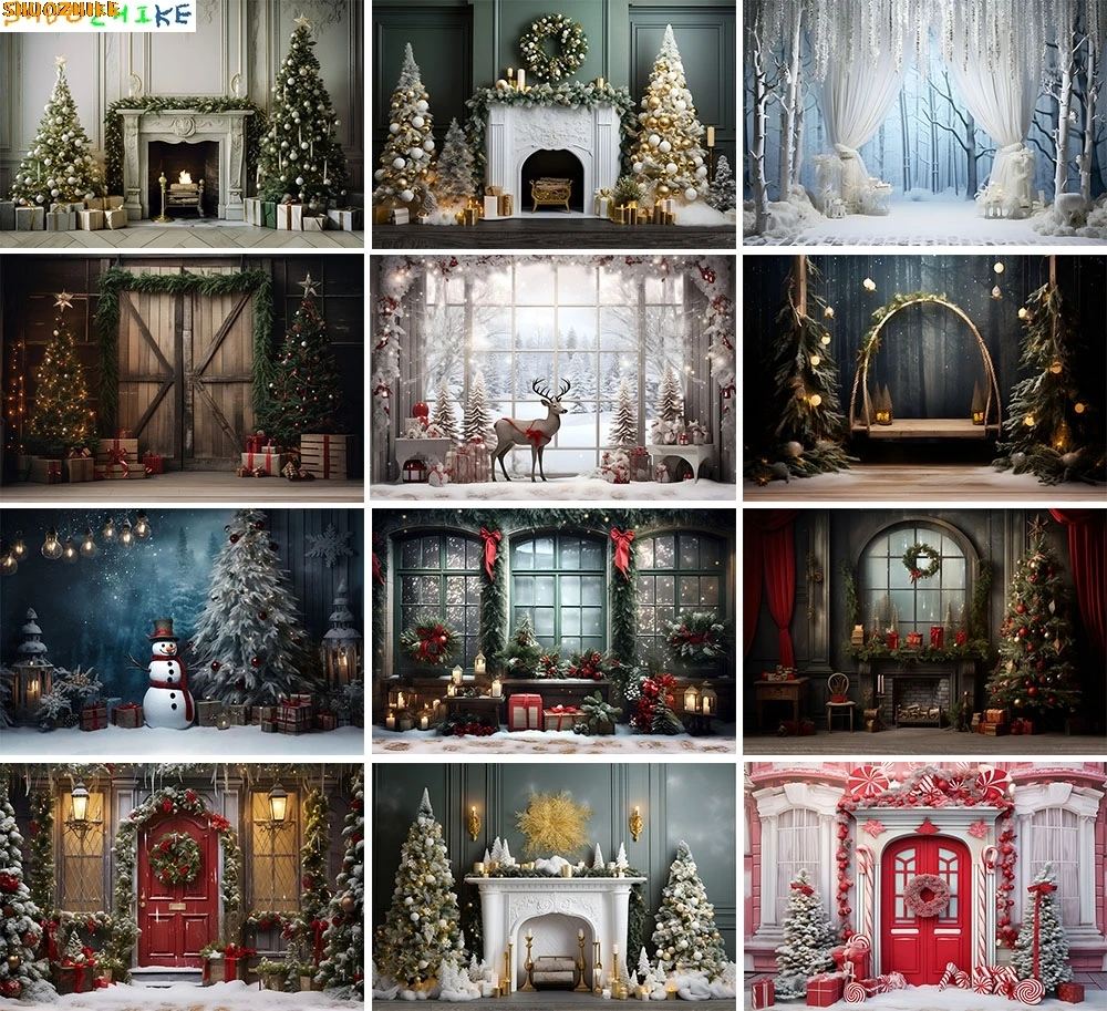 

Festive Christmas Room Fireplace Photography Backdrops Winter New Year Holidays Party Xmas Tree Window Photo Background BR-27