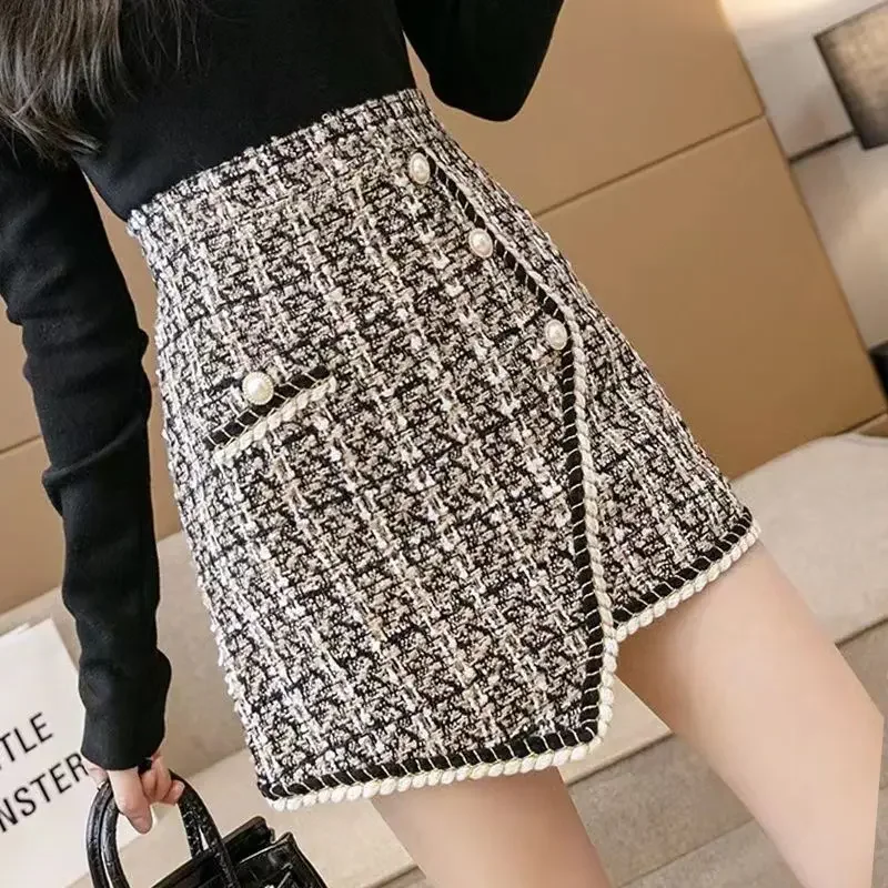 

Tweed Skirts for Women Solid High Waist Slimming Skirts Autumn Spring Buttons Double Breasted Tweed Wool Mini Skirt