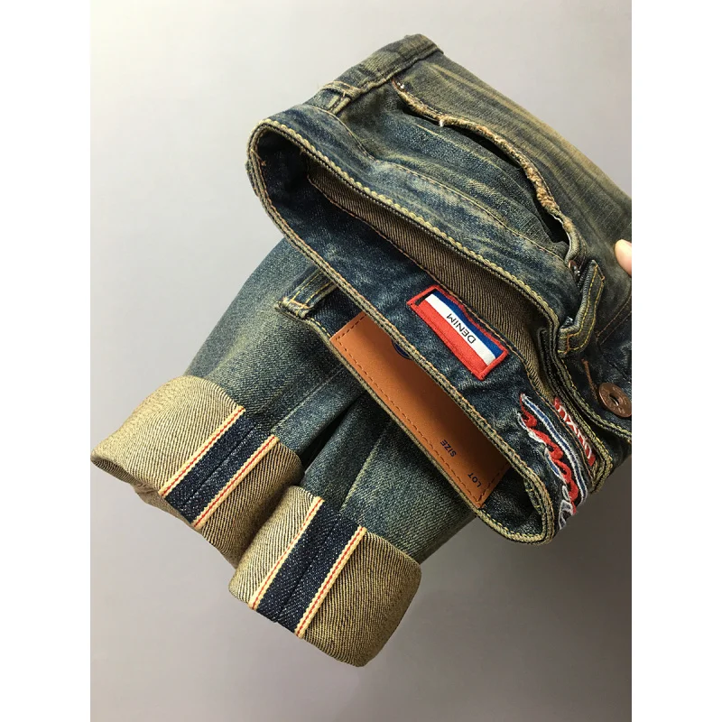 ストリートファッションヘビーウェイトレトロジーンズメンズトレンドダメージウォッシュデニムスリムフィットスモールレッグパンツ