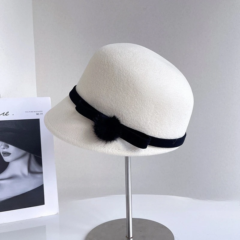 الموضة اليابانية الجديدة الانحناء الكريات الزخرفية الصوف الفروسية القبعات النساء الخريف الشتاء السيدات خمر قبعة فيدورا المجهزة قبعة قناع