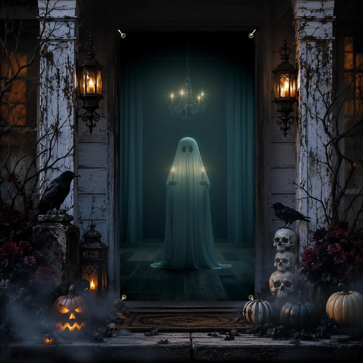 Halloween-Türbanner, Gruselige Hängende Geister Fotografie-Hintergrund Partydekoration und Zubehör Foto-Requisiten