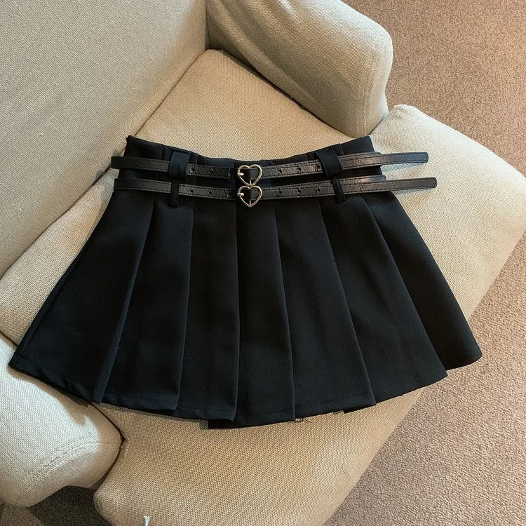 Women Pleated Mini Skirt with Dual Heart Belt for Teen-girl High Waist Tennis Skirt Preppy Summer Y2K Outfit