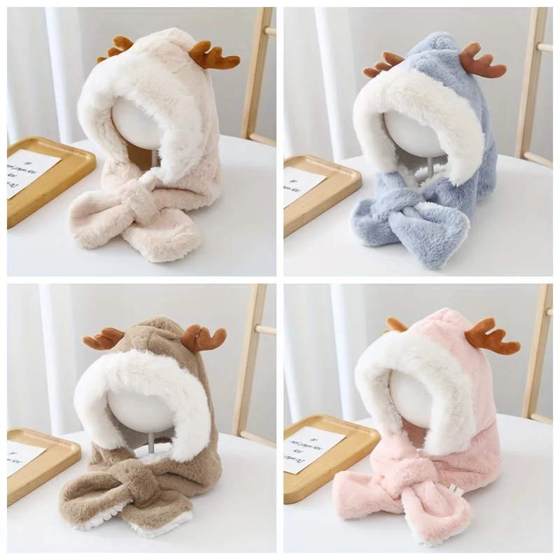 

1pc Plush Winter Thickened Cute Antlers Baby Hat With Scarf For 5-10 Y Children