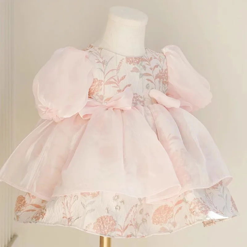 Vestido de princesa estampado para bebé, primeiro vestido de festa de aniversário, vestido de baile, final alta, verão, rosa, 2024