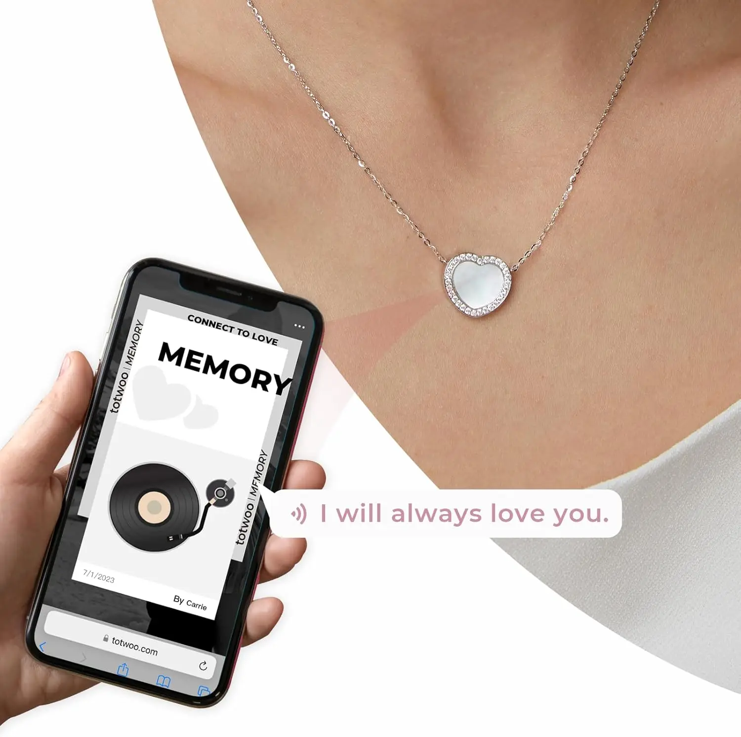 TOTWOO Necklace with NFC Technology for Woman, 925 Silver Heart Pendant,Custom Record Voice Girls Jewelry with Mother of Pearl