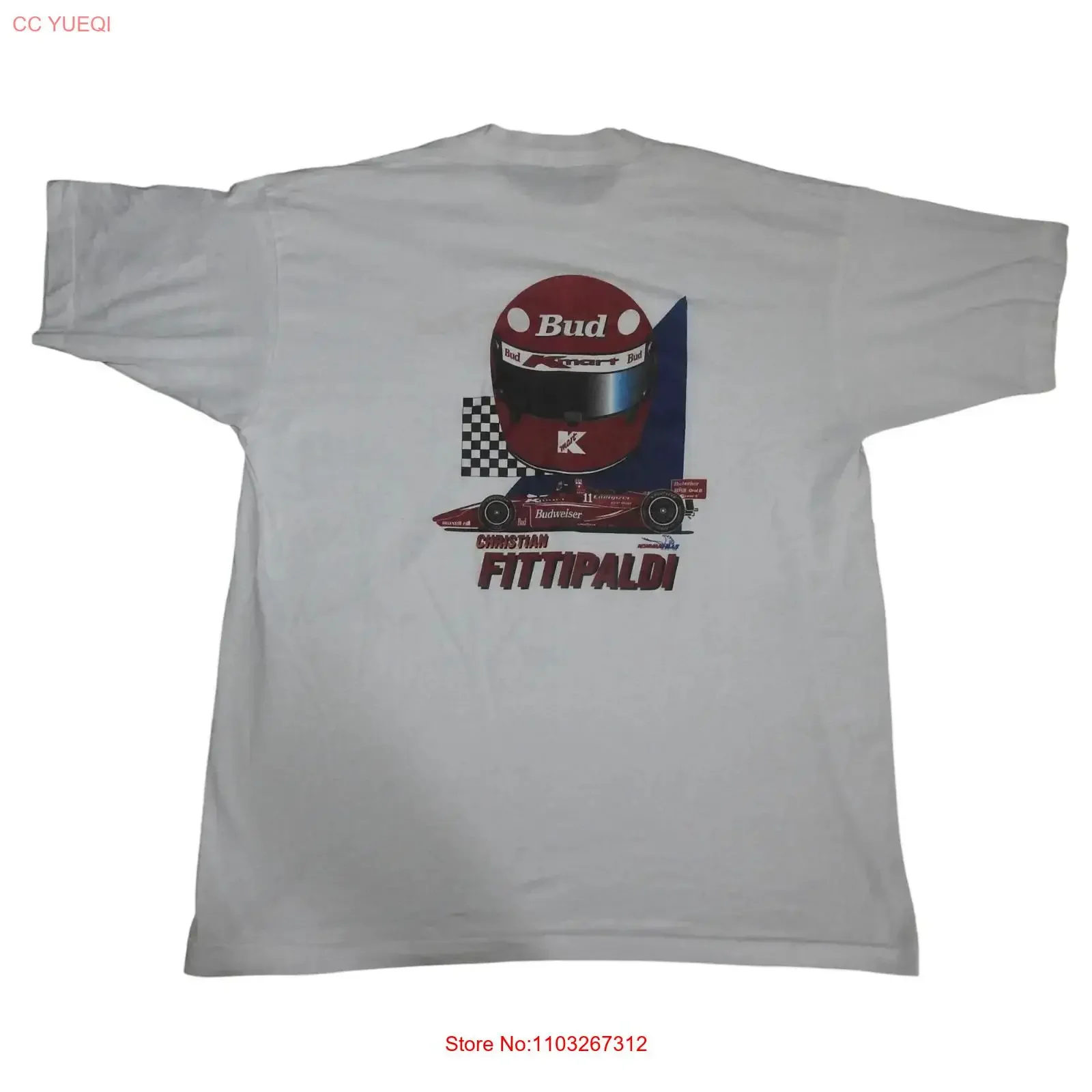 Camiseta Vintage dos Anos 90 Christian Fittipaldi Bud Racing Kmart, Tamanho Grande, Estilo Lavado para Uso Diário