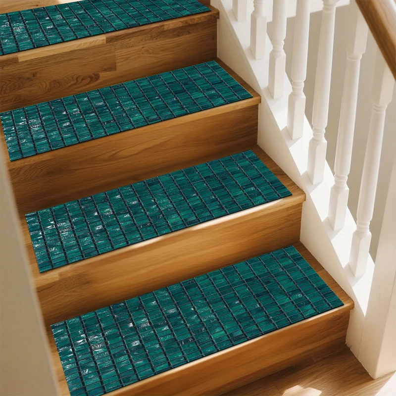 Emerald Green Mosaic Tile Stair Tread Mats Non-Slip Water Absorbent Step Pads Washable Floor Protector Wooden Stairs Indoor Home