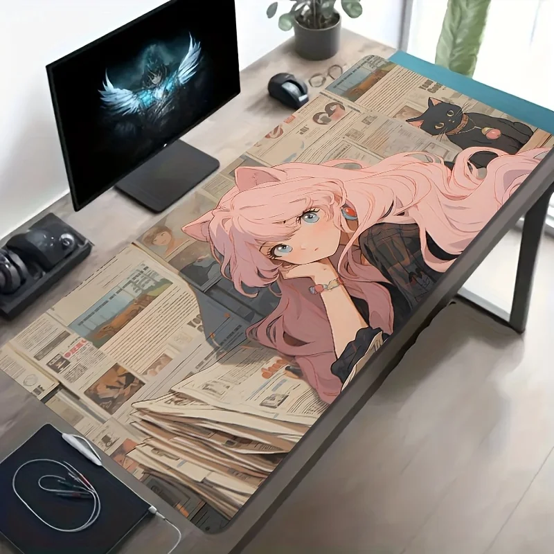 Gaming Mouse Pad,Desk Mat,Large Size,Anti-slip,Stitched Edges,Soft Rubber,Pink Cat Ear Girl Deskpad For Office Use
