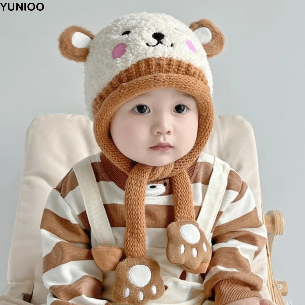 

Мягкая мультяшная детская плюшевая шапка со свиньей и медведем, вязаная шапка в корейском стиле, ветрозащитная шапка для защиты ушей для мальчиков