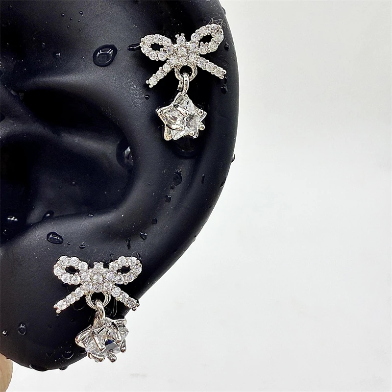 1PCS Bowknot Zircon Silver Color Star Pendant Stainless Steel Ear Bone Cute Earring for Women Cochlea Accessories Puncture