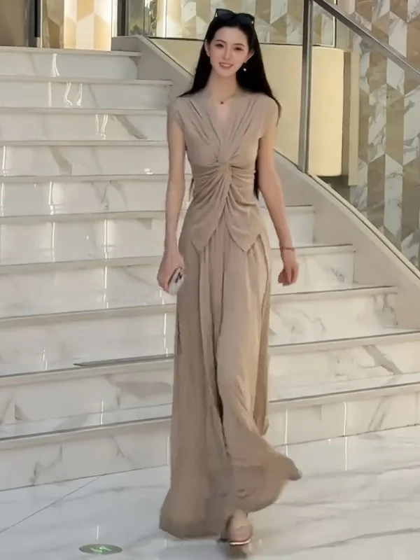 Conjunto de Duas Peças com Nó E, Top com Decote em V e Calças de Perna Larga, Roupa de Verão Faion de Alto Padrão pa...