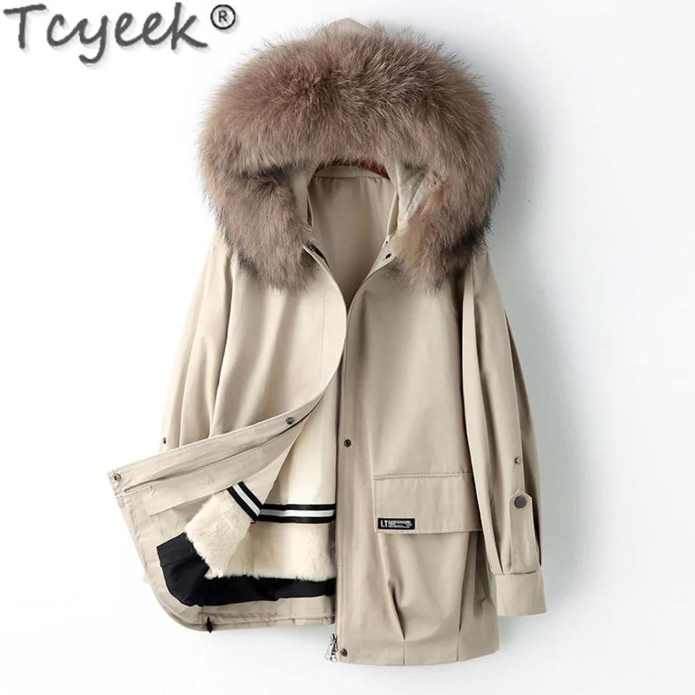 Winter Tcyeek Women Jacket Rex Rabbit Liner Parka Fashion Mid-long Jackets Woman Clothing Detachable Raccoon Dog Fur Collar