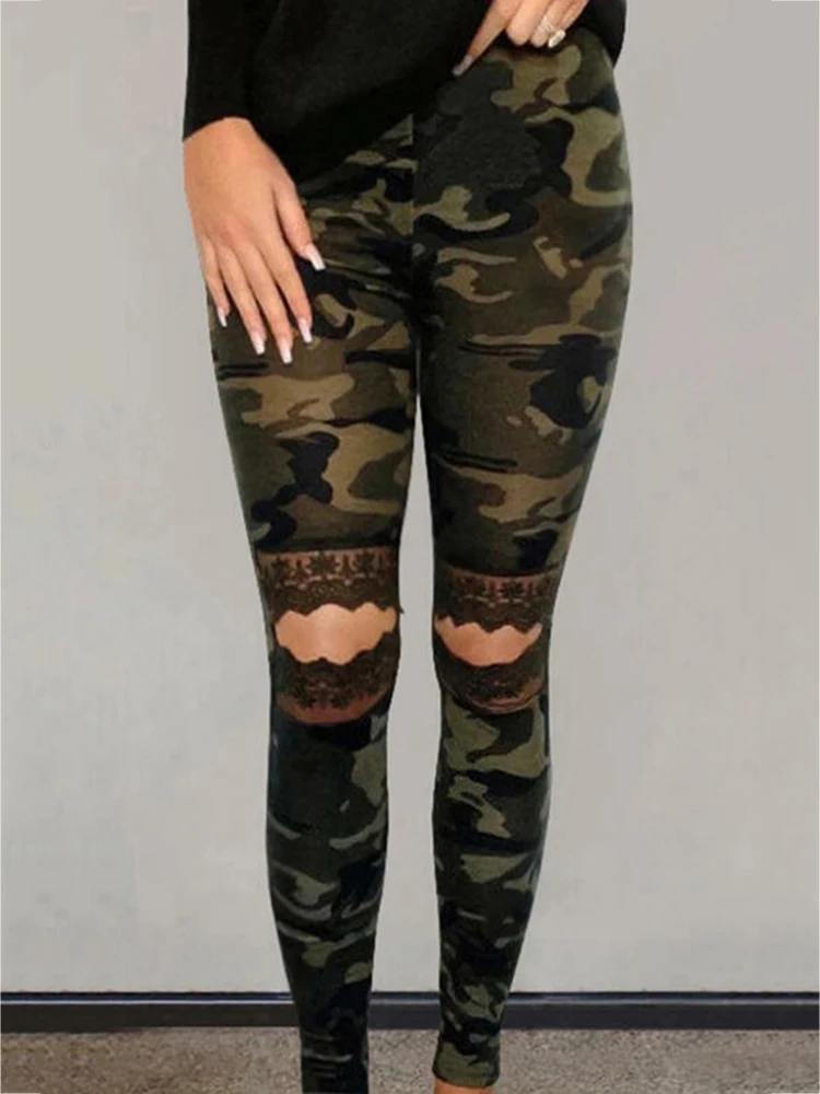 Sexy Punk Ripped Leggings Leopard Printed Leggins Streetwear Hole Workout Scrunch Gym Hollow Elastic Skinny Club Fitness Tights